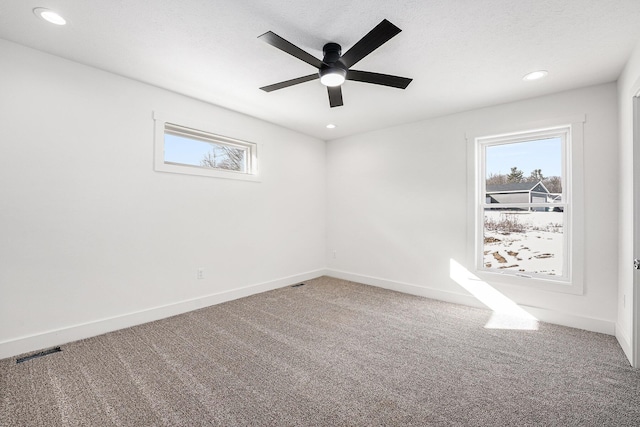 unfurnished room with ceiling fan, plenty of natural light, carpet flooring, and a textured ceiling