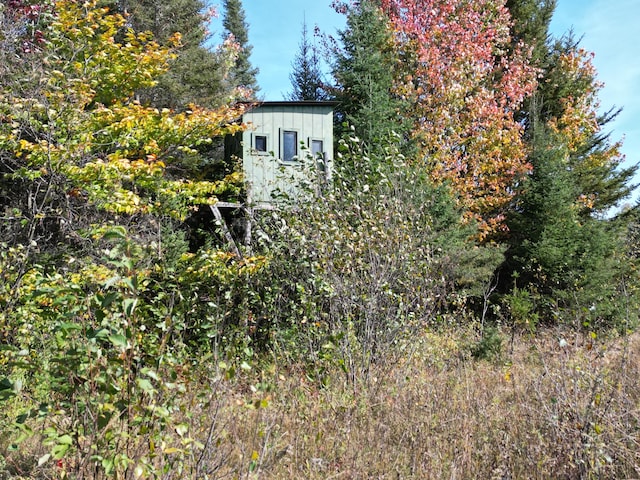 exterior space with a shed