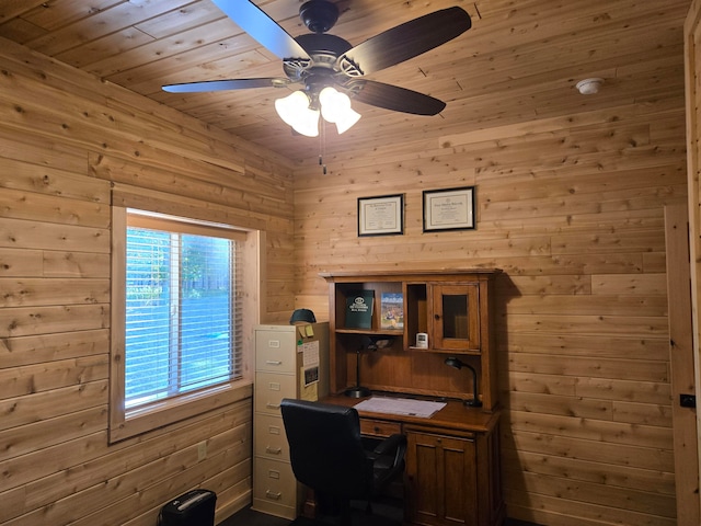 office area featuring wood walls and ceiling fan