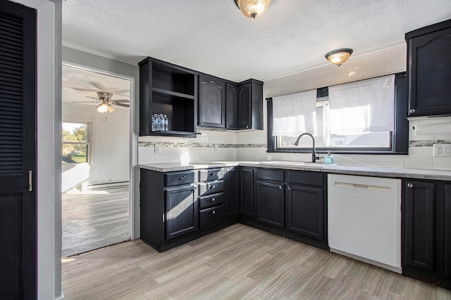 kitchen featuring tasteful backsplash, ceiling fan, light hardwood / wood-style flooring, dishwasher, and sink