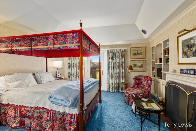 carpeted bedroom featuring ornamental molding, access to exterior, and lofted ceiling