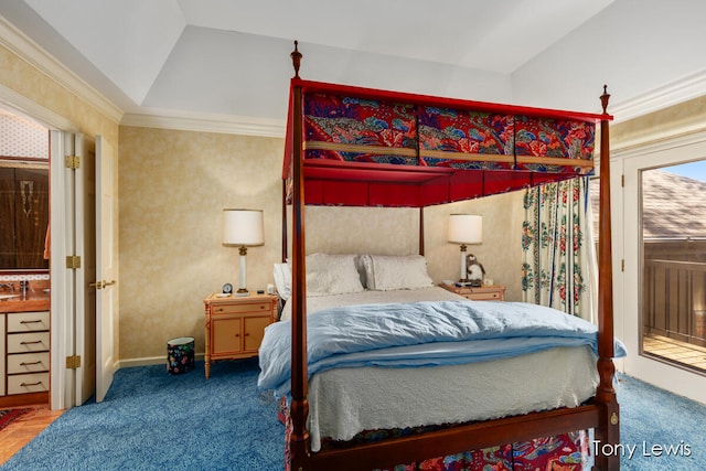 bedroom with lofted ceiling, crown molding, carpet flooring, and access to outside