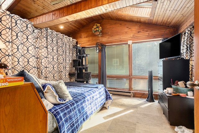 bedroom featuring light colored carpet, wood ceiling, and lofted ceiling with skylight