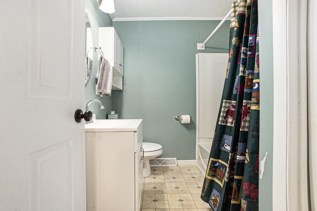 full bathroom with toilet, vanity, crown molding, shower / bathtub combination with curtain, and tile patterned flooring