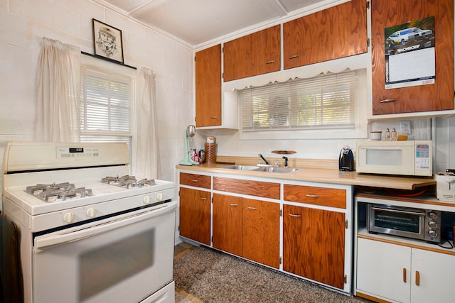 kitchen featuring a wealth of natural light, sink, and white appliances