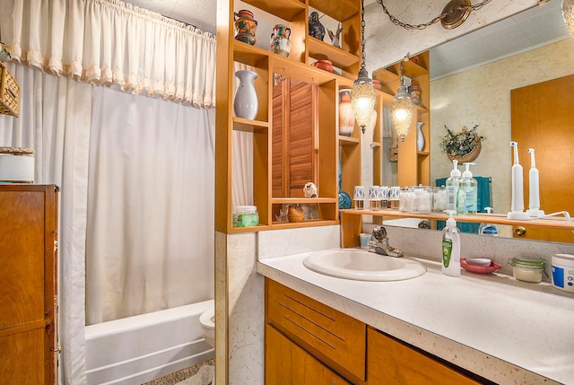 full bathroom featuring vanity, shower / bath combination with curtain, and toilet