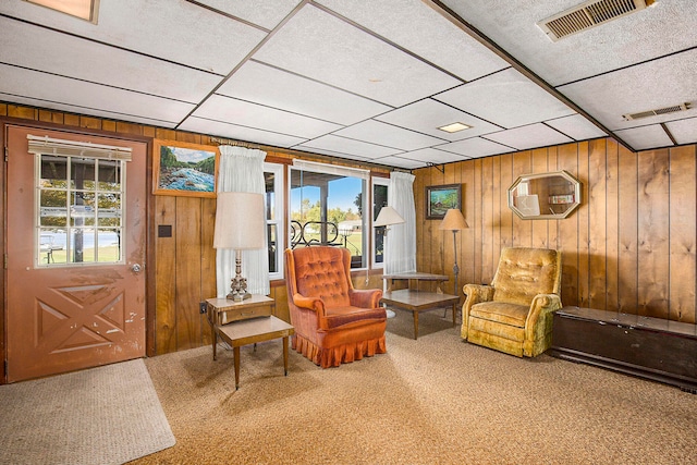 living area featuring carpet flooring and wooden walls