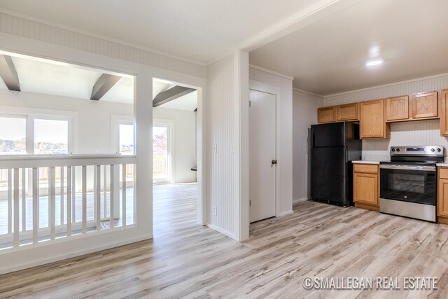 kitchen with black refrigerator, stainless steel range with electric cooktop, light wood-type flooring, and tasteful backsplash