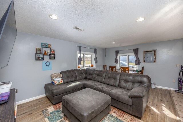 living room with a textured ceiling and hardwood / wood-style flooring