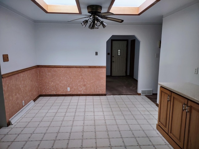 empty room with a skylight and ceiling fan