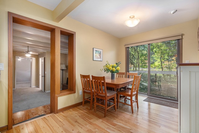 dining room featuring light hardwood / wood-style floors, beam ceiling, and ceiling fan