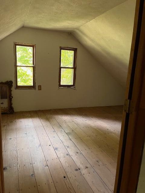 bonus room with vaulted ceiling, light wood-type flooring, and a healthy amount of sunlight