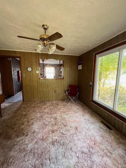 carpeted spare room with ceiling fan, wooden walls, plenty of natural light, and a textured ceiling