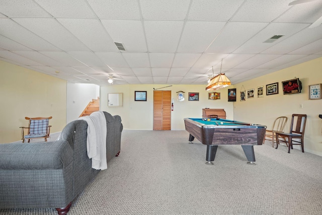 recreation room with a drop ceiling, carpet floors, and billiards