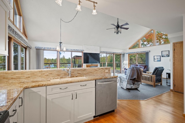 kitchen with plenty of natural light, stainless steel dishwasher, light hardwood / wood-style floors, and white cabinets