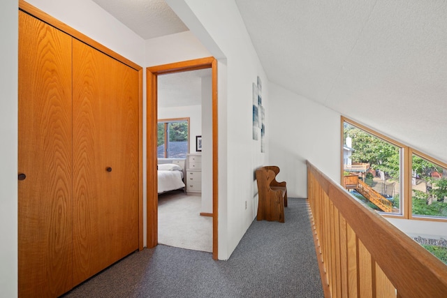 hall with dark carpet, a textured ceiling, and plenty of natural light