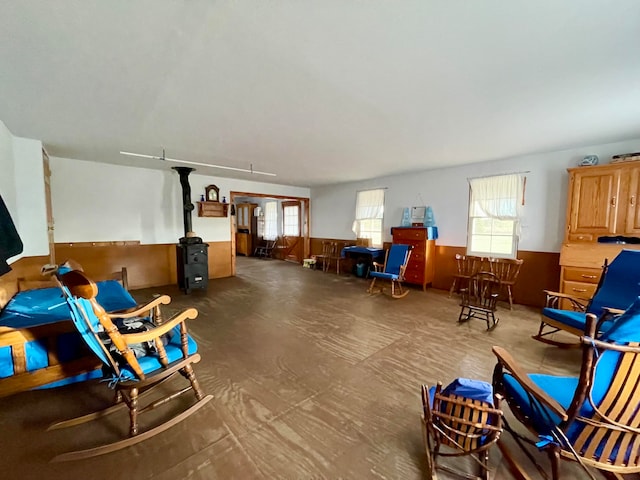 living area with a wood stove and wood walls