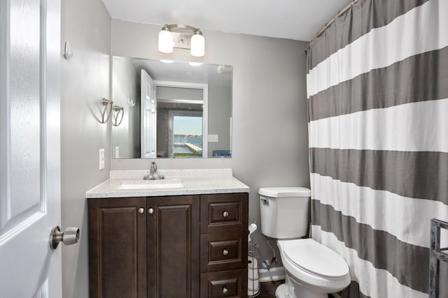 bathroom featuring vanity, a shower with curtain, and toilet