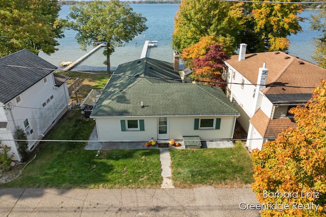 drone / aerial view with a water view