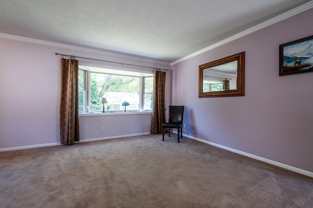 unfurnished room with a textured ceiling, carpet flooring, and ornamental molding