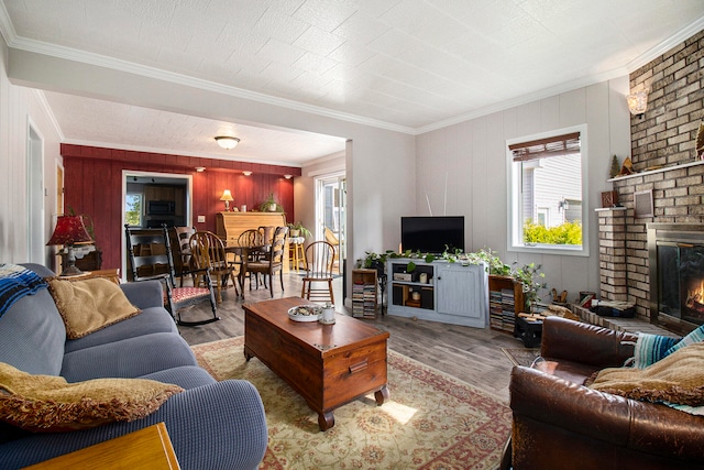 living room featuring wood walls, a fireplace, wood-type flooring, and crown molding