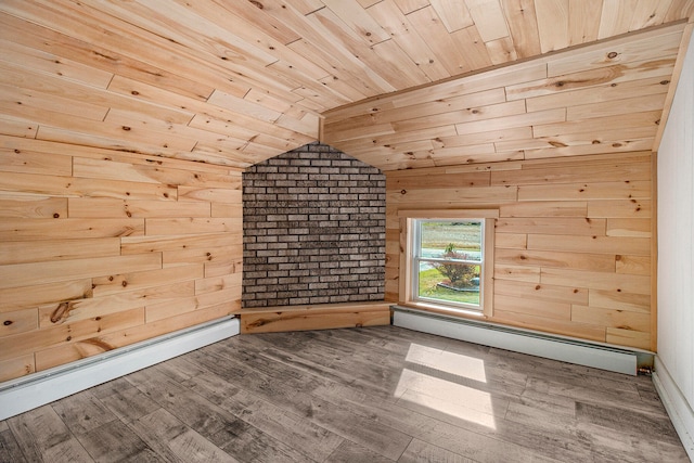 bonus room with wooden ceiling, baseboard heating, vaulted ceiling, and wood-type flooring