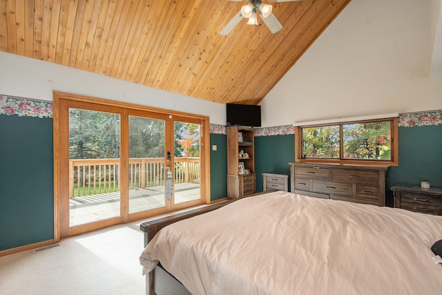 bedroom with wood ceiling, carpet, ceiling fan, access to outside, and high vaulted ceiling