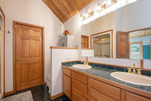 bathroom with wood ceiling, toilet, tile patterned floors, vaulted ceiling, and vanity