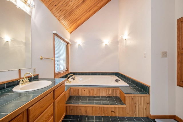 bathroom with lofted ceiling, wood ceiling, a bathtub, vanity, and tile patterned floors