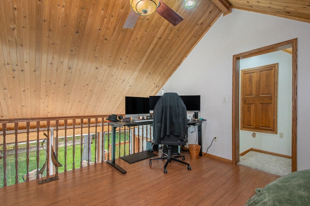 office featuring lofted ceiling with beams, wooden ceiling, wood-type flooring, and ceiling fan