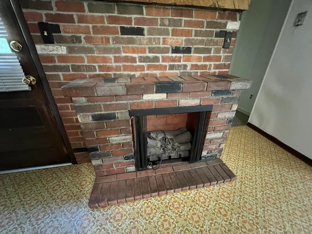 details with a brick fireplace and carpet floors