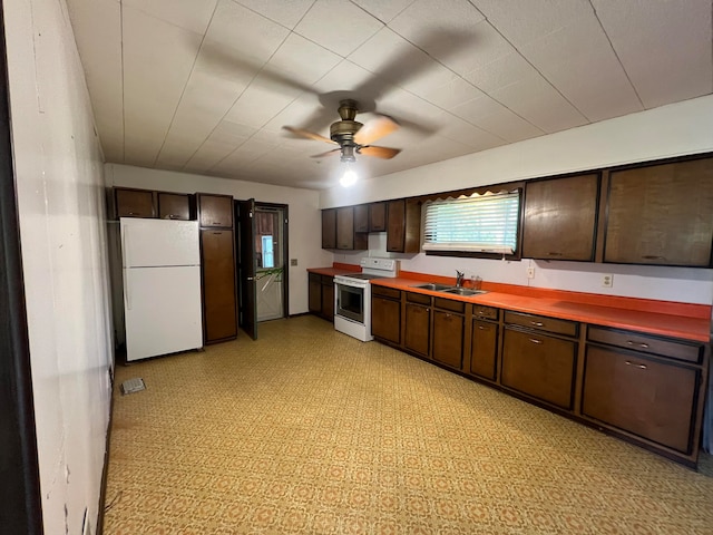 kitchen with white appliances, ceiling fan, dark brown cabinets, and sink