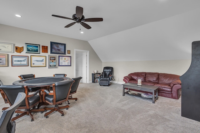 game room with light carpet, lofted ceiling, and ceiling fan