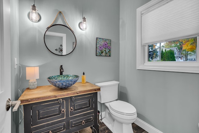 bathroom with toilet, hardwood / wood-style floors, and vanity