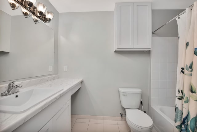 full bathroom with toilet, vanity, shower / bathtub combination with curtain, and tile patterned flooring