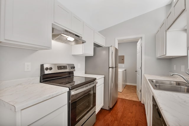 kitchen featuring white cabinetry, dark wood-type flooring, sink, stainless steel appliances, and ventilation hood