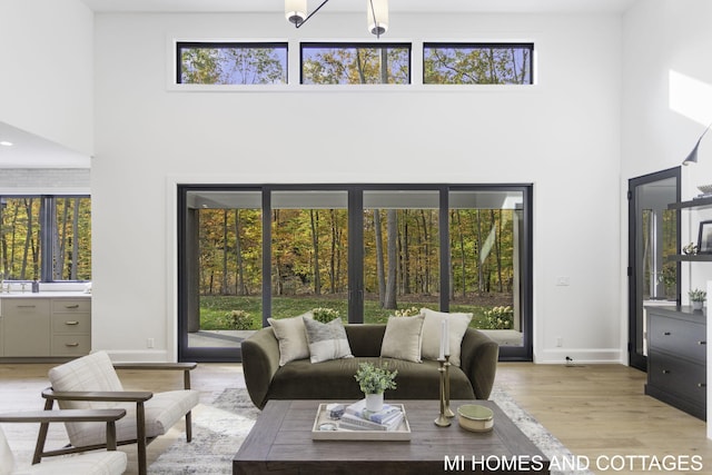 living room with a high ceiling and light wood-type flooring