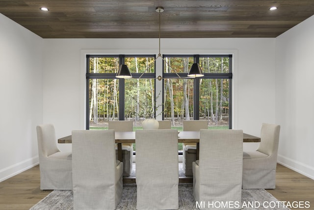 dining space with wooden ceiling, wood-type flooring, and plenty of natural light