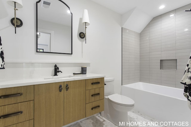 full bathroom featuring toilet, shower / bath combo, vanity, and vaulted ceiling