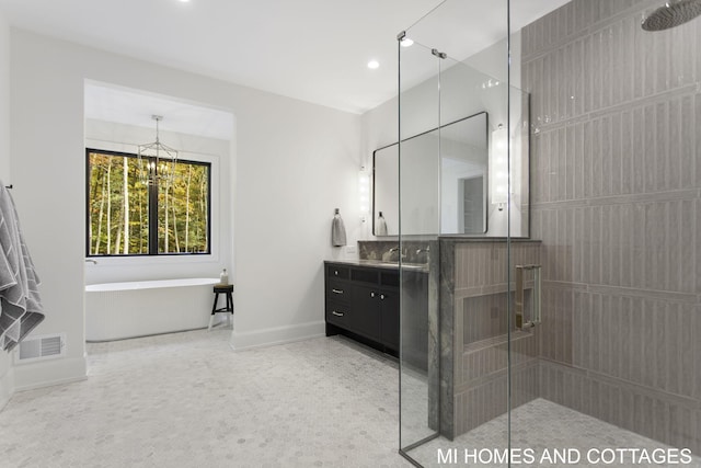 bathroom with vanity and separate shower and tub