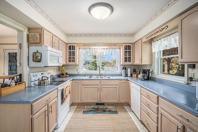 kitchen with white appliances, light brown cabinetry, and sink