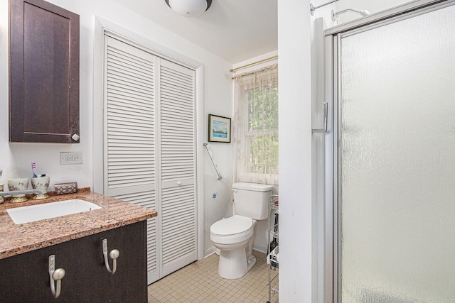 bathroom featuring vanity, toilet, and a shower with door