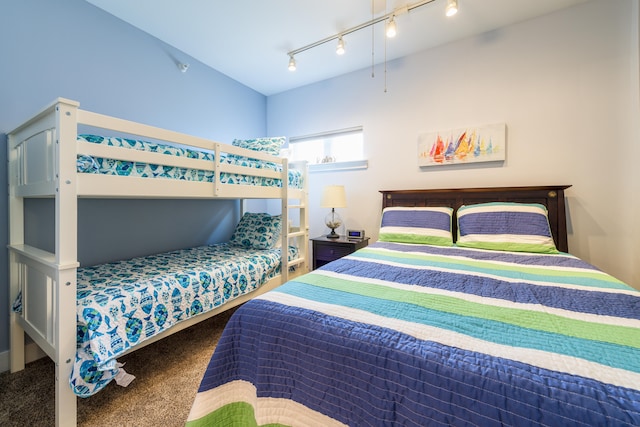 bedroom featuring carpet floors and rail lighting