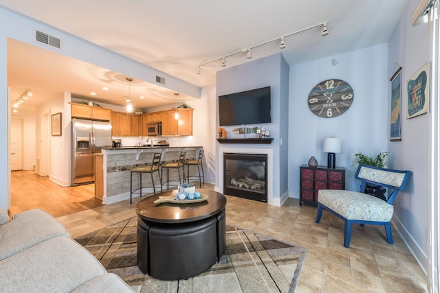 living room with light hardwood / wood-style flooring and track lighting