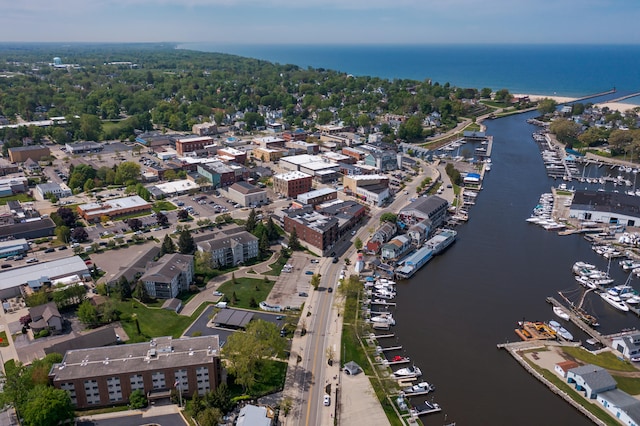 bird's eye view with a water view