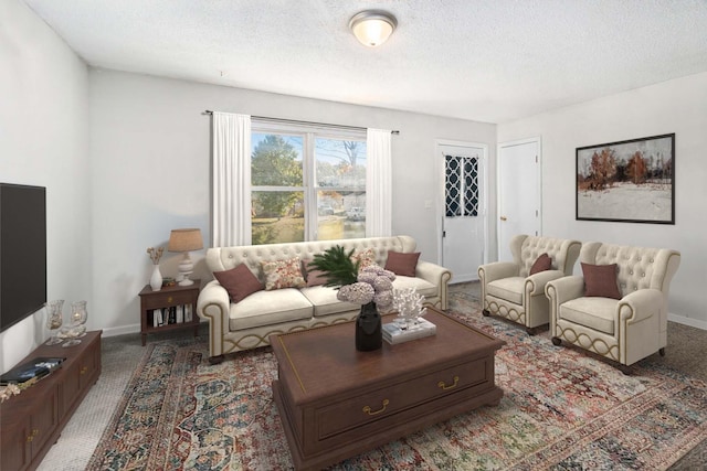 carpeted living room with a textured ceiling