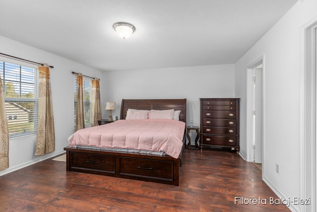 bedroom with dark hardwood / wood-style floors