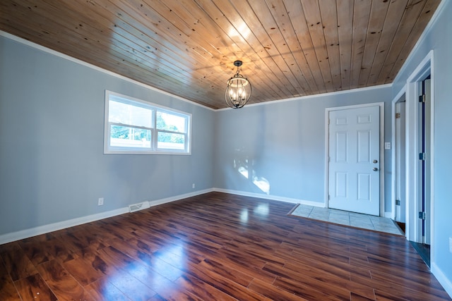 unfurnished room featuring an inviting chandelier, ornamental molding, wooden ceiling, and dark hardwood / wood-style flooring