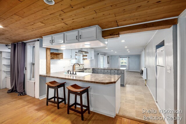 kitchen featuring wooden ceiling, light hardwood / wood-style flooring, kitchen peninsula, and white cabinets