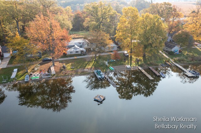 drone / aerial view with a water view